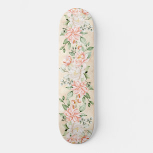 Skateboard Aquarelle Pêche Fleurs blanches Élégant