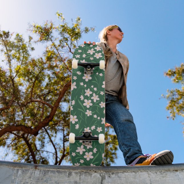 Skateboard Aquarelle rose Floral Botanique foncé Vert (Extérieur 1)