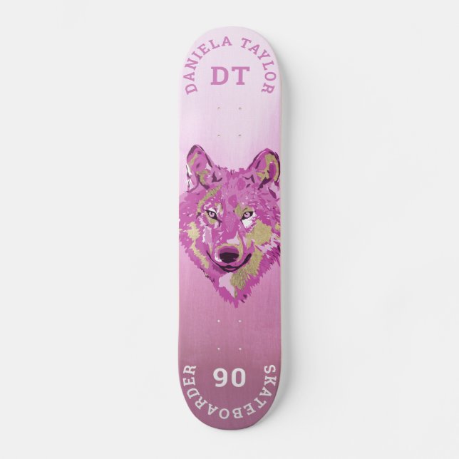 Skateboard Aquarelle rose or Paint Gradient Monogramme Wolf (Recto)
