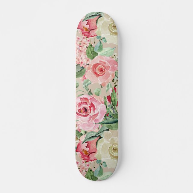 Skateboard Aquarelle rustique moderne de rose rose de crème (Devant)