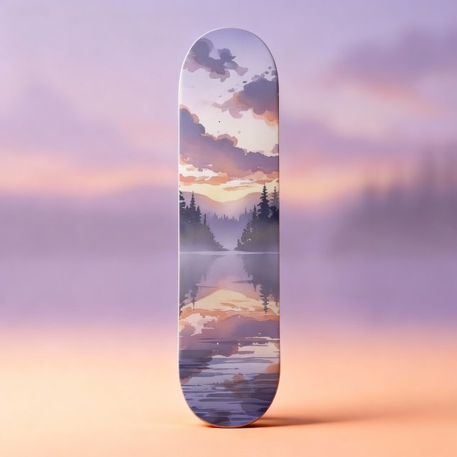 Skateboard Aquarelle Sunrise - Serene Misty Mountain Lake (Créateur téléchargé)