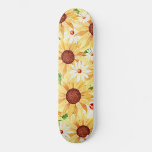 Skateboard Aquarelle Tournesol jaune et marguerite
