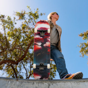 Skateboard Arbre rouge mystique sous la pleine lune