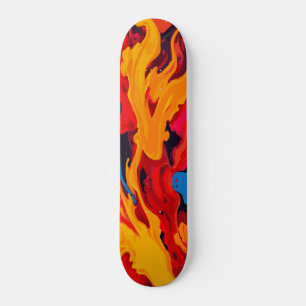 Skateboard Art Abstrait Flamme de Feu Rouge Jaune et Bleu