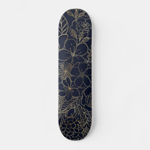 Skateboard Art moderne Gold Blue Floral Doodles