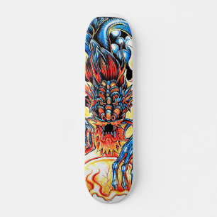 Skateboard Asian tattoo blue dragon and flame orb cartoon
