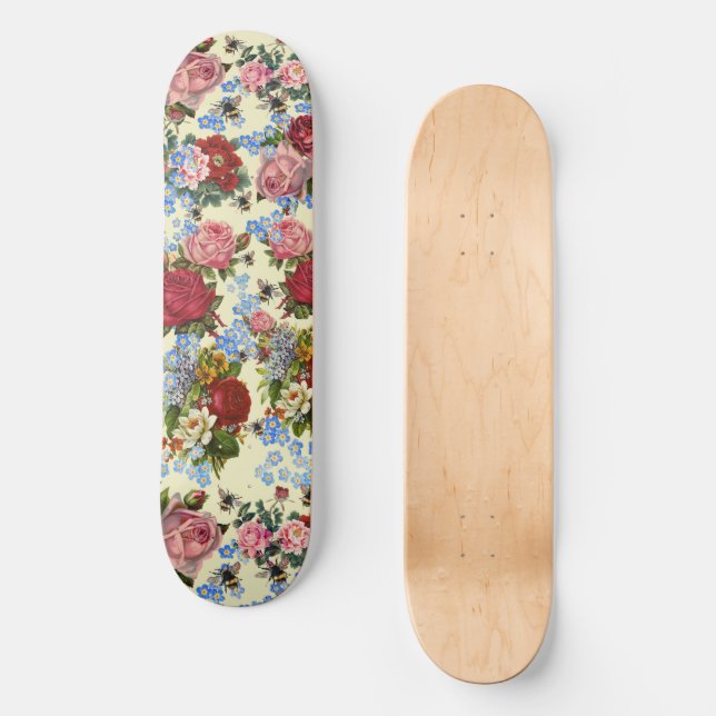 Skateboard Balade avec Roses, Oubliez-moi-Nots et abeilles (Recto)
