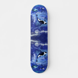 Skateboard Baleines tueuses en Pleine lune - Art Drawing Blue