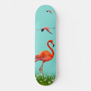 Skateboard Beaux flamants sur fond bleu turquoise clair