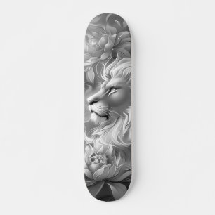 Skateboard Belle Fantaisie Lion & Florales en Échelle de Gris