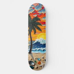 Skateboard Belle scène de plage avec des palmiers  
