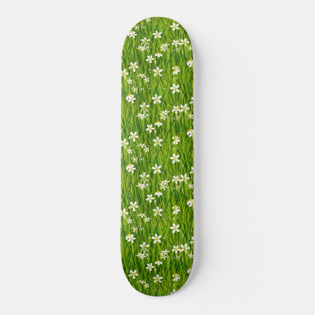 Skateboard Belles fleurs blanches et Feuilles verts (Recto)