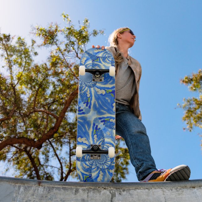 Skateboard Bleu bohème blanc mandala floral (Extérieur 1)
