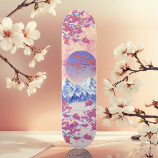 Skateboard Bleu rouge et orange Asiatique Cerisier Blossom Su