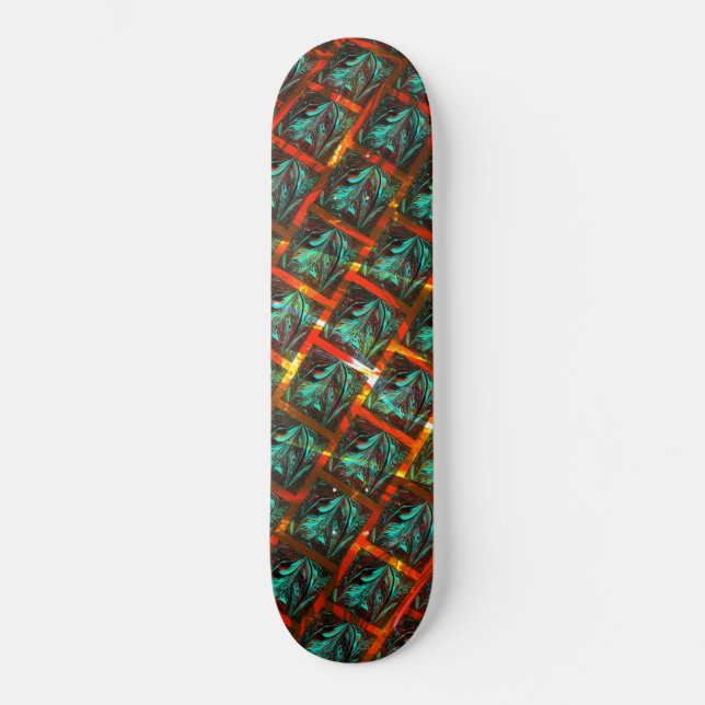 Skateboard Bleu "yeux encadrés", carré, rayures ou râpe rouge (Recto)