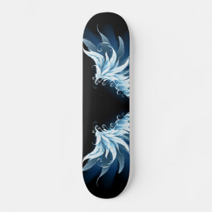 Skateboard Blue Glowing Angel Wings on black background