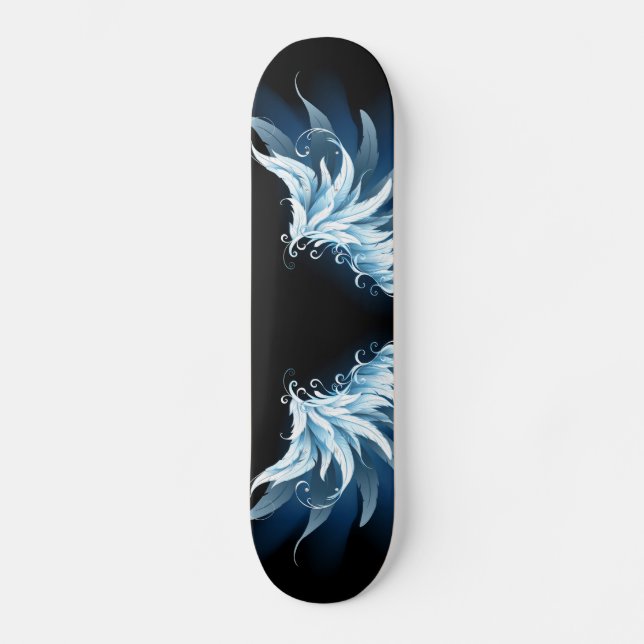 Skateboard Blue Glowing Angel Wings on black background (Recto)
