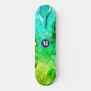 Skateboard Blue Teal Yellow Green Liquid Ink, Monogram & Nom
