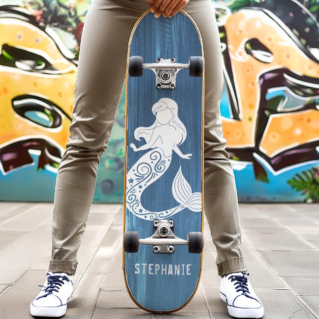 Skateboard Blue Wood Beach Mermaid Nom personnalisé (Créateur téléchargé)