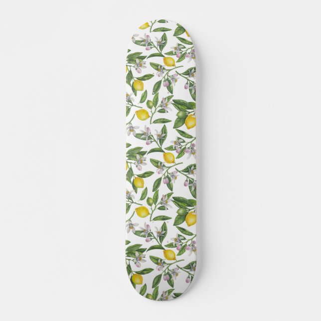 Skateboard Branches de citron aux fleurs et aux fruits (Devant)
