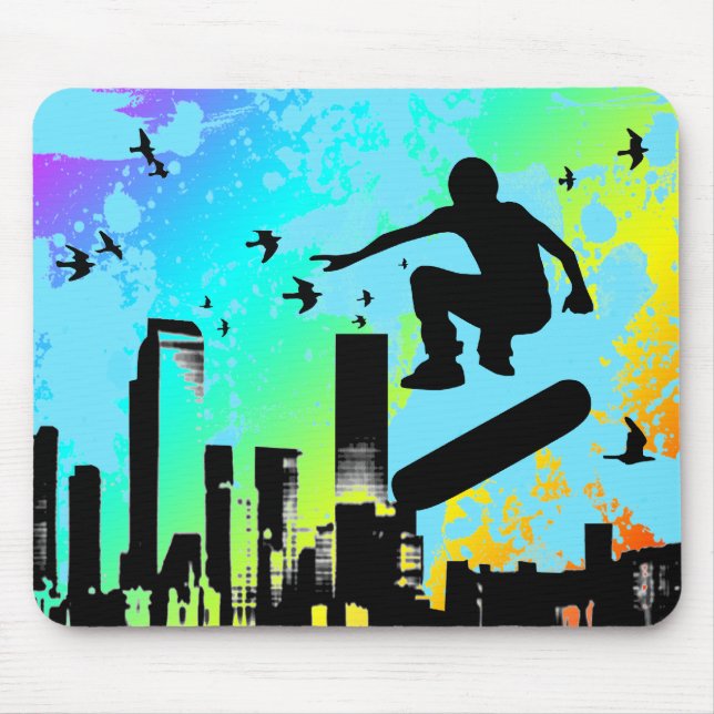 Skateboard. Brett mit Vögeln. Mousepad (Vorne)