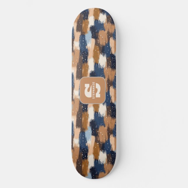 Skateboard Brosses Abstraites en bleu, blanc et Brown (2) (Recto)