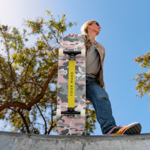 Skateboard Camouflage rose et gris Votre nom Personnalisez