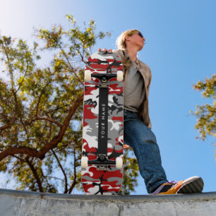Skateboard Camouflage rouge et gris Votre nom Personnaliser