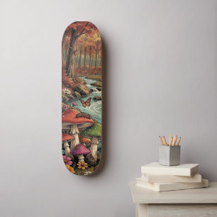 Skateboard Camper Rétro, Champignons, Ruisseau et Fleurs