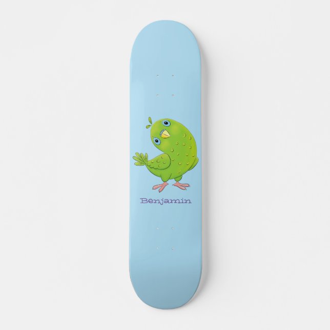 Skateboard Caricature de perruche verte curieuse (Devant)