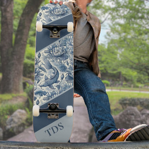 Skateboard Carpe Koï et Nénuphar Bleu Chinoiserie Monogramme