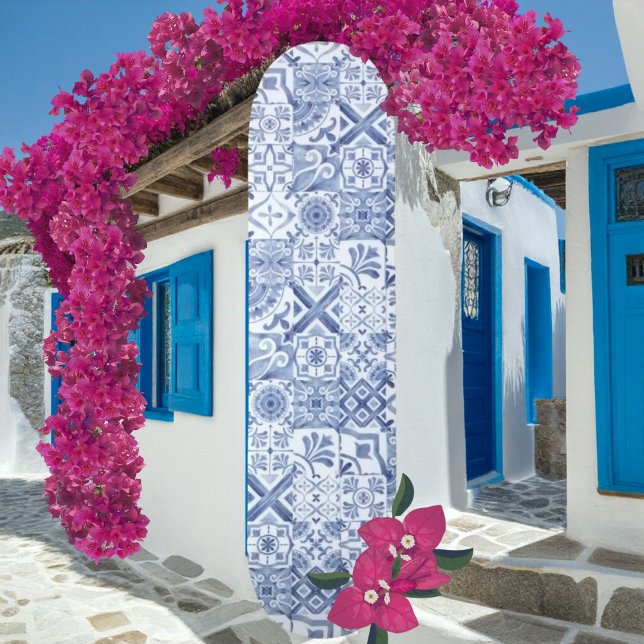 Skateboard Carreaux Bleus Mosaic Méditerranéen (Blue Mosaic Mediterranean Tile Boho Pattern Skateboard )