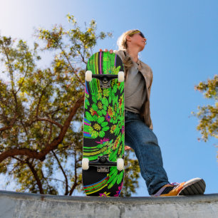 Skateboard Carte De Skate Abstraite Neon Green Flowers Dd