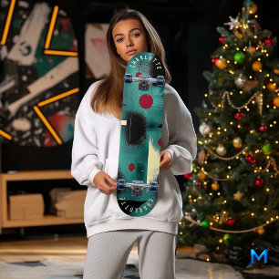 Skateboard Carton Abstrait Gras Turquoise et Rouge