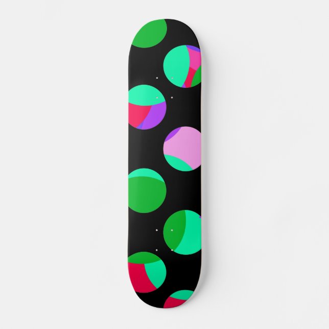 Skateboard Cercles violets verts colorés sur noir (Recto)