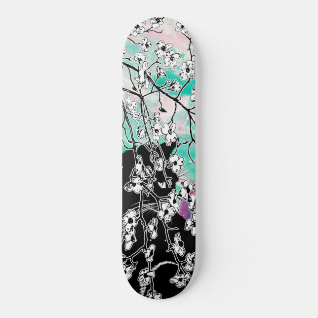 Skateboard Cerisier Fleur Chat Noir Floral Vert Ciel Rose (Recto)