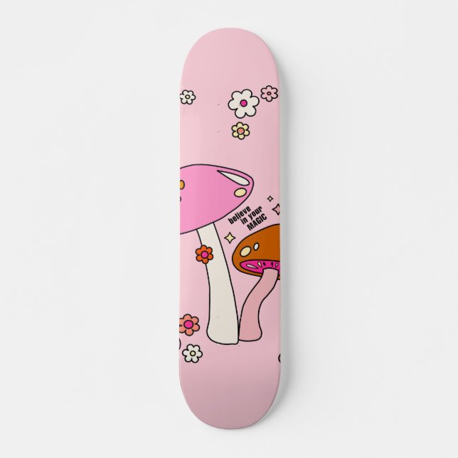 Skateboard Champignons Et Fleurs De Couleur Rétro Rose (Devant)