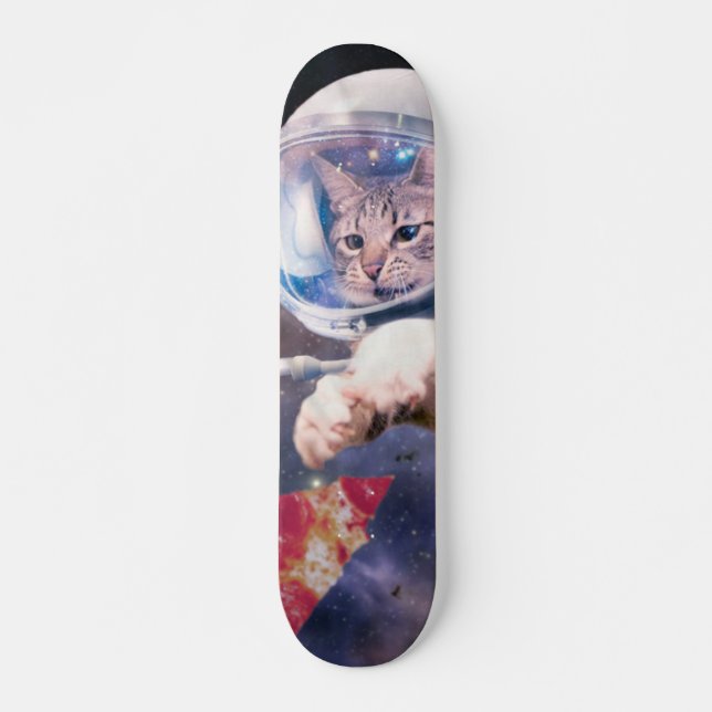 Skateboard Chat d'astronaute chassant une tranche de pizza (Devant)