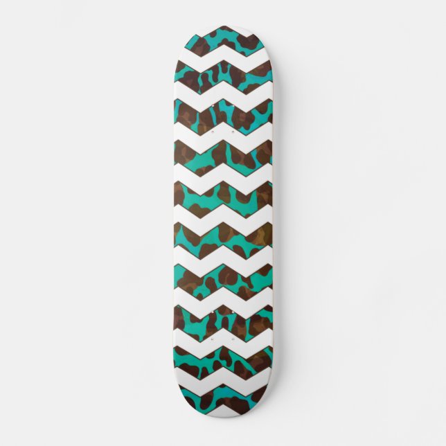 Skateboard Chevron Léopard Imprimé Marron et Turquoise (Recto)
