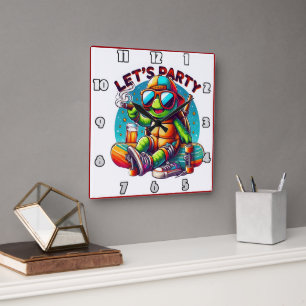 Skateboard Chill-vibes auf Schildkröten-Party Quadratische Wanduhr