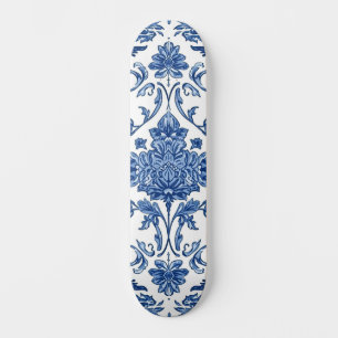 Skateboard Chinoiserie Florale Bleue Aquarelle Blanche