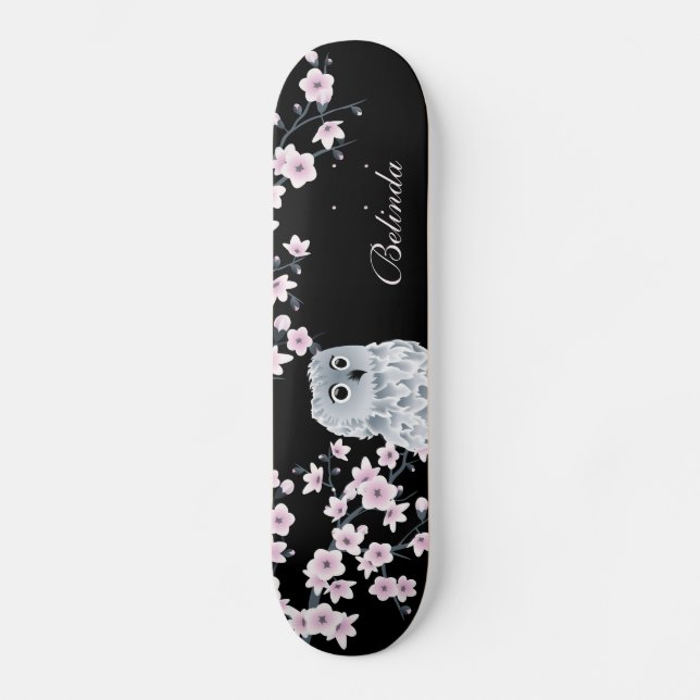 Skateboard Chouette mignonne Cerisier rose Fleur Monogramme F (Recto)