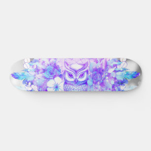 Skateboard Chouette Totem Dreamcatcher Plumes florales Gris p