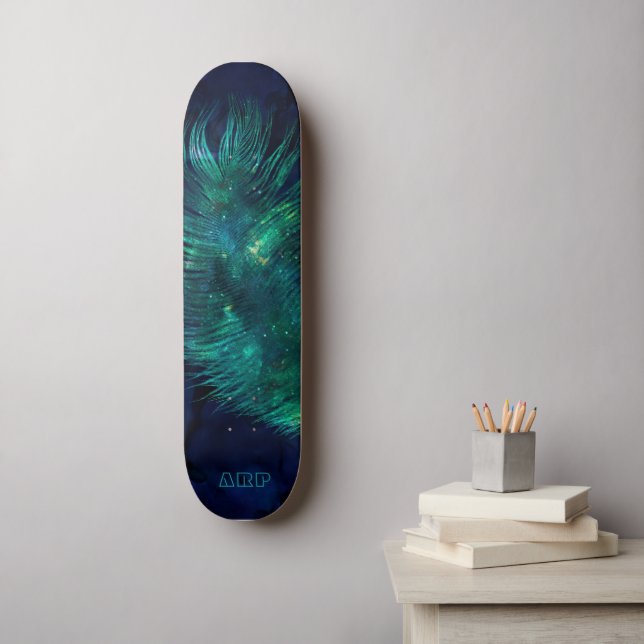 Skateboard *~* Ciel Bleu de minuit Boho en plumes d'émeraude  (Art mural)