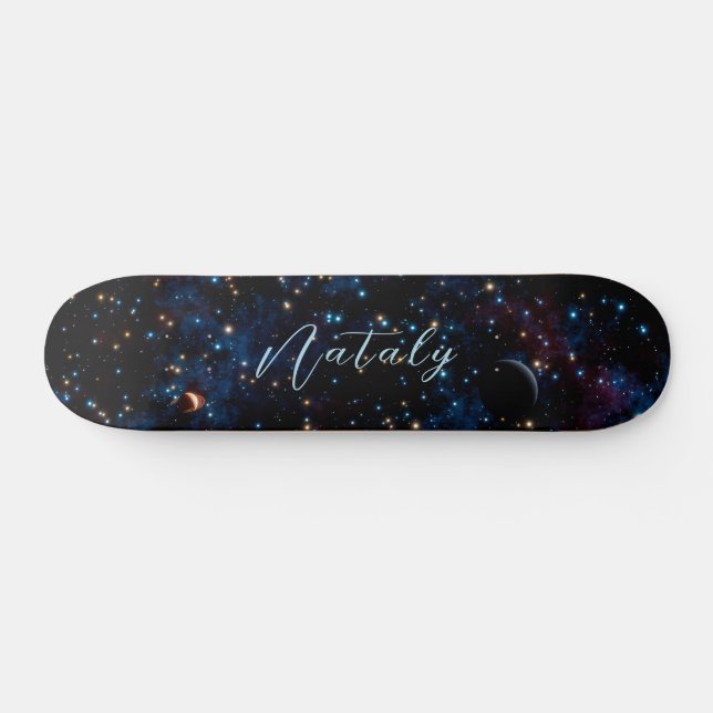 Skateboard Ciel nocturne avec étoiles et planètes personnalis (Horz)