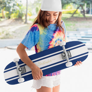 Skateboard Classic Blue White Racing Stripes Gold Monogrammed