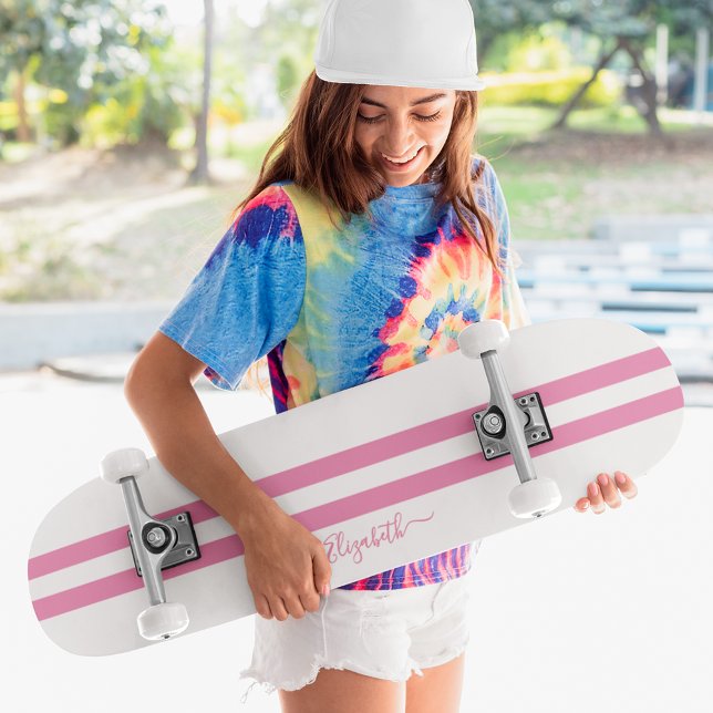 Skateboard Classic Rose White Racing Stripes Girly Monogramme (Classic Pink White Racing Stripes Girly Monogram Skateboard)
