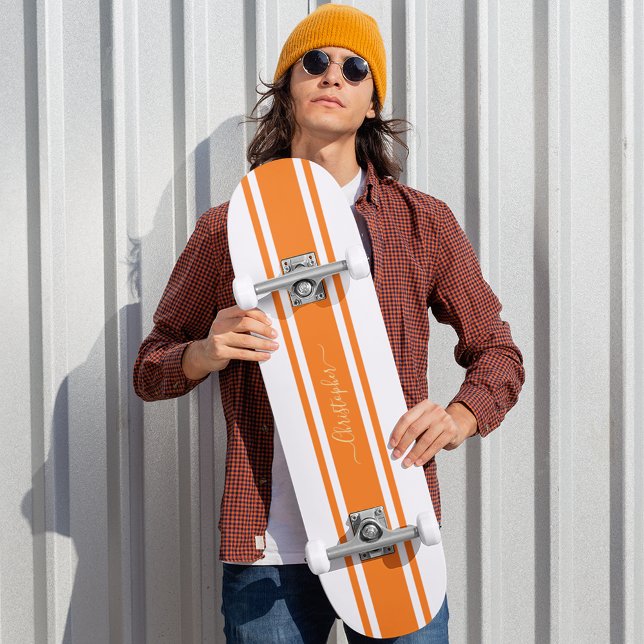 Skateboard Classic White Orange Racing Stripes Gold Monogramm (Classic White Orange Racing Stripes Gold Monogram Skateboard)