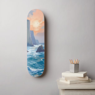 Skateboard Cliffside Cove   Peinture aquarelle de l'océan côt