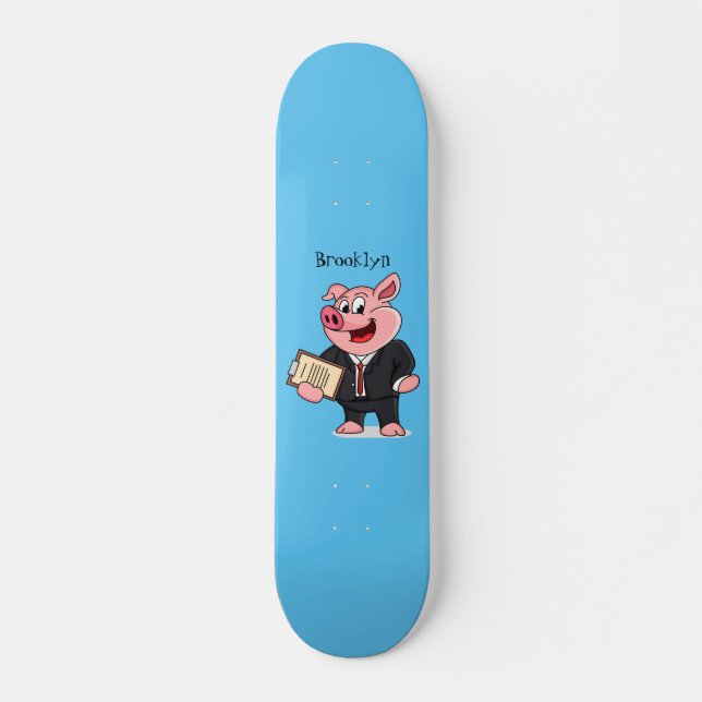 Skateboard Cochon amusant en costume d'affaires dessin animé (Devant)